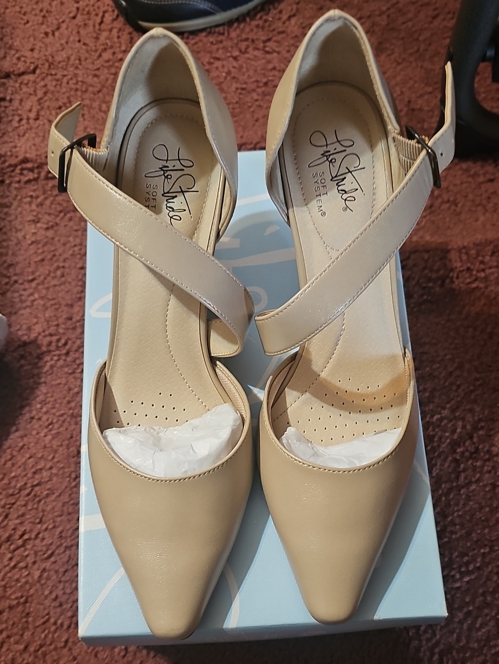 Life Stride Beige Pointed-Toe Cross-Strap Heels